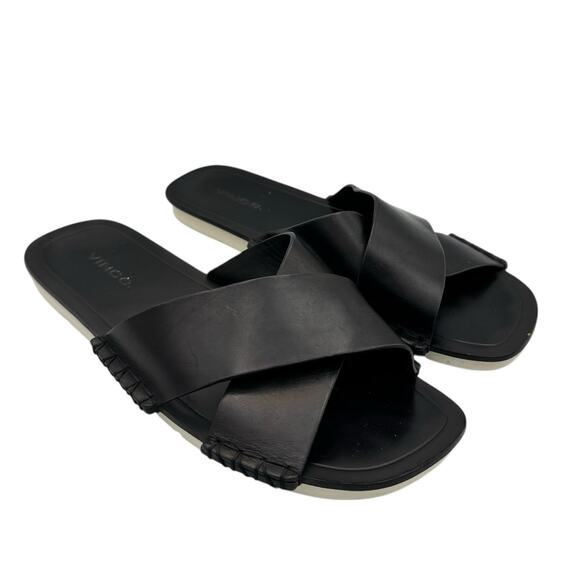 Vince Nico Black Leather Exposed Stitching Straps Open Toe Slip On Flat Sandals - Picture 6 of 9